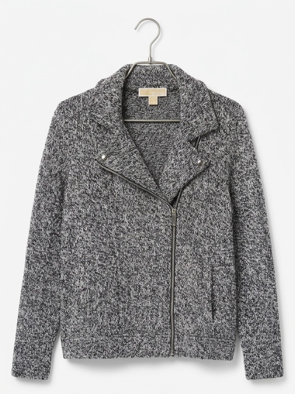 Michael Kors Black and White Marled Sweater Knit Moto Jacket - textured - size L